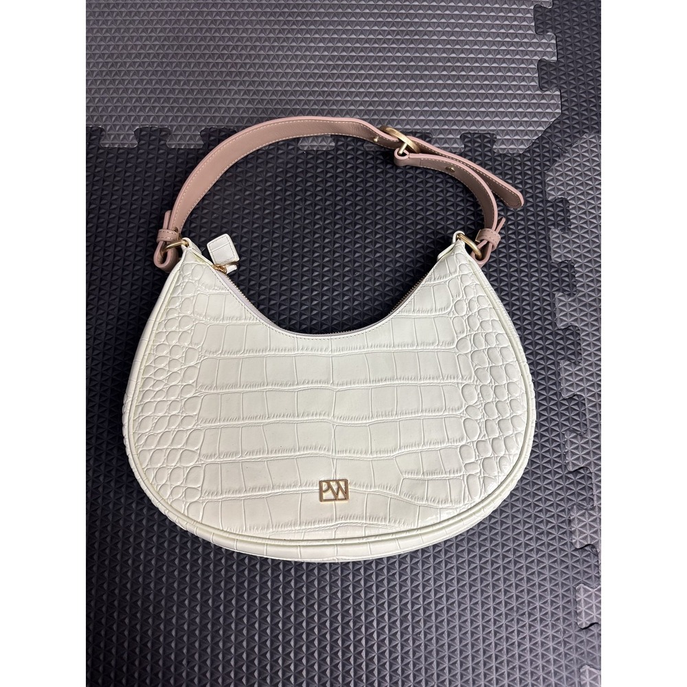 PW Light Cream Croc‎ Embossed Faux Leather Shoulder Bag Crescent Hobo Handbag